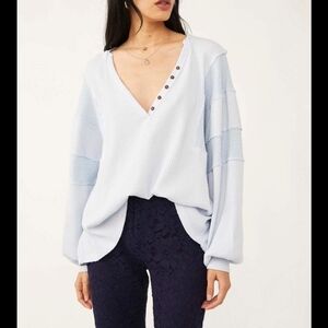 We The Free Blue Oversized Sweatshirt with Buttoned V-Neck